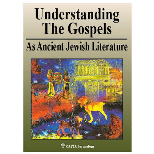 This image features the cover of the book titled "Understanding The Gospels as Ancient Jewish Literature" by Carta. The cover design features a colorful artistic depiction of figures and animals with a ancient temple-like structure in the background.
