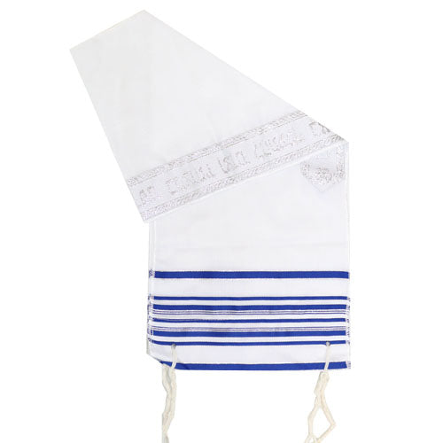 A white acrylic tallit with blue and silver stripes, featuring decorative elements along the neckline and fringes at the corners.