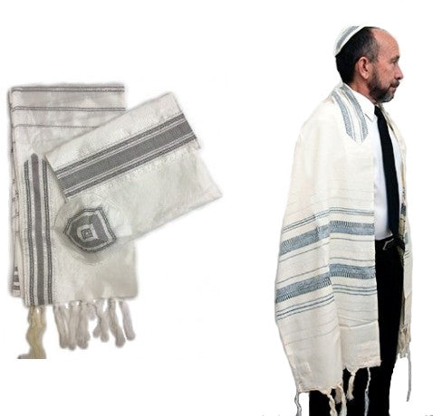 white silk prayer shawl set with grey stripes, including a kippah and matching bag