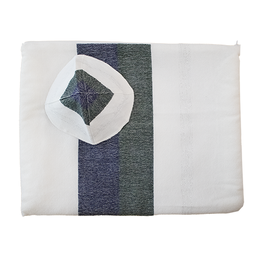 Handwoven Wool Prayer Shawl Set - Cream with Blue & Green - 57" by Gabrieli