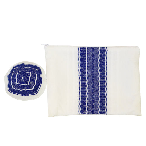 Handwoven Wool Prayer Shawl Set - White and Blue - 40" by Gabrieli