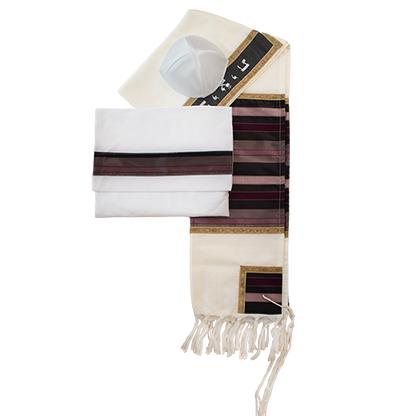 Prayer Shawl (18") Set - Cotton - Cream & Stripes -  By Gabrieli