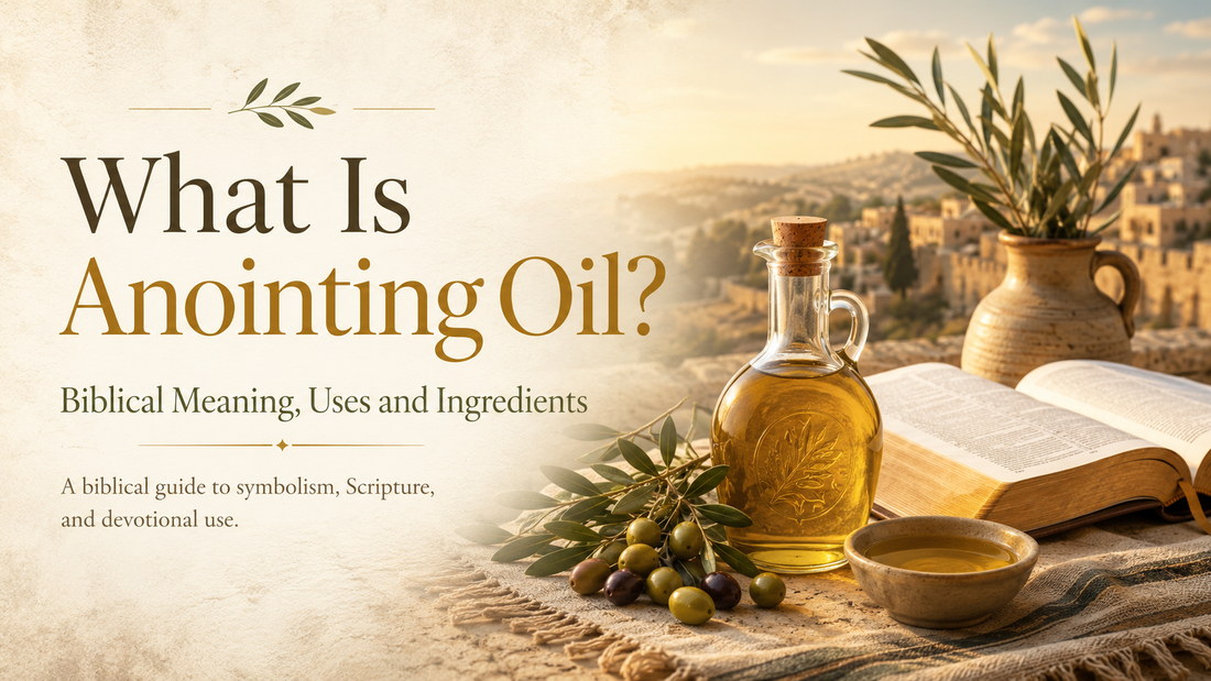 Bottle of golden anointing oil beside an open Bible, olive branches, and olives in a warm Holy Land setting.