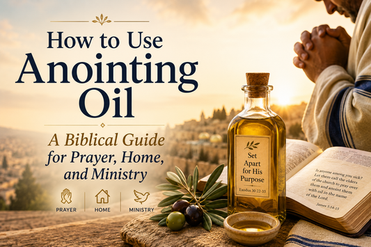 How to Use Anointing Oil biblical guide with a bottle of oil, open Bible, olive branches, and a person praying over Jerusalem.