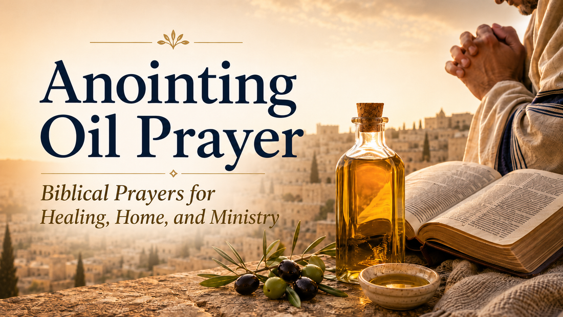 Anointing Oil Prayer graphic with a Bible, bottle of anointing oil, olives, and a person praying above Jerusalem.