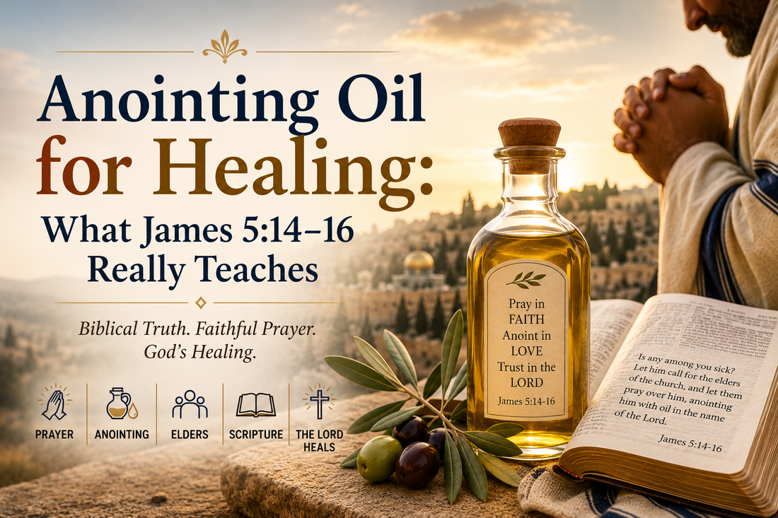 Anointing Oil for Healing graphic with a bottle of oil, open Bible, olive branches, and a person praying over Jerusalem.