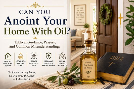 Bottle of anointing oil beside an open Bible and olive branches for a biblical guide to praying over and dedicating a home.