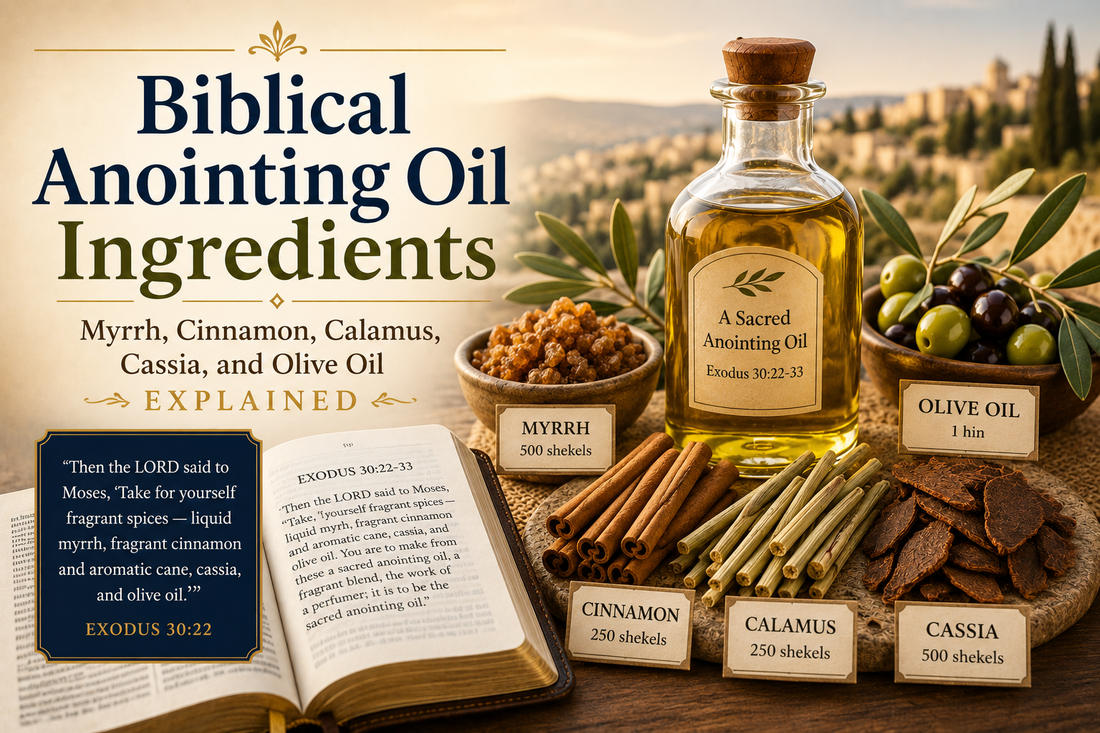 Myrrh, cinnamon, aromatic cane, cassia, and olive oil arranged beside an open Bible for a guide to biblical anointing oil ingredients.
