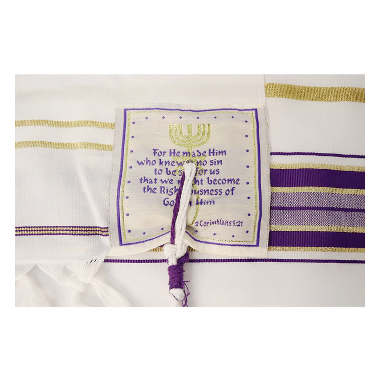 Purple and gold prayer shawl corner patch with Scripture