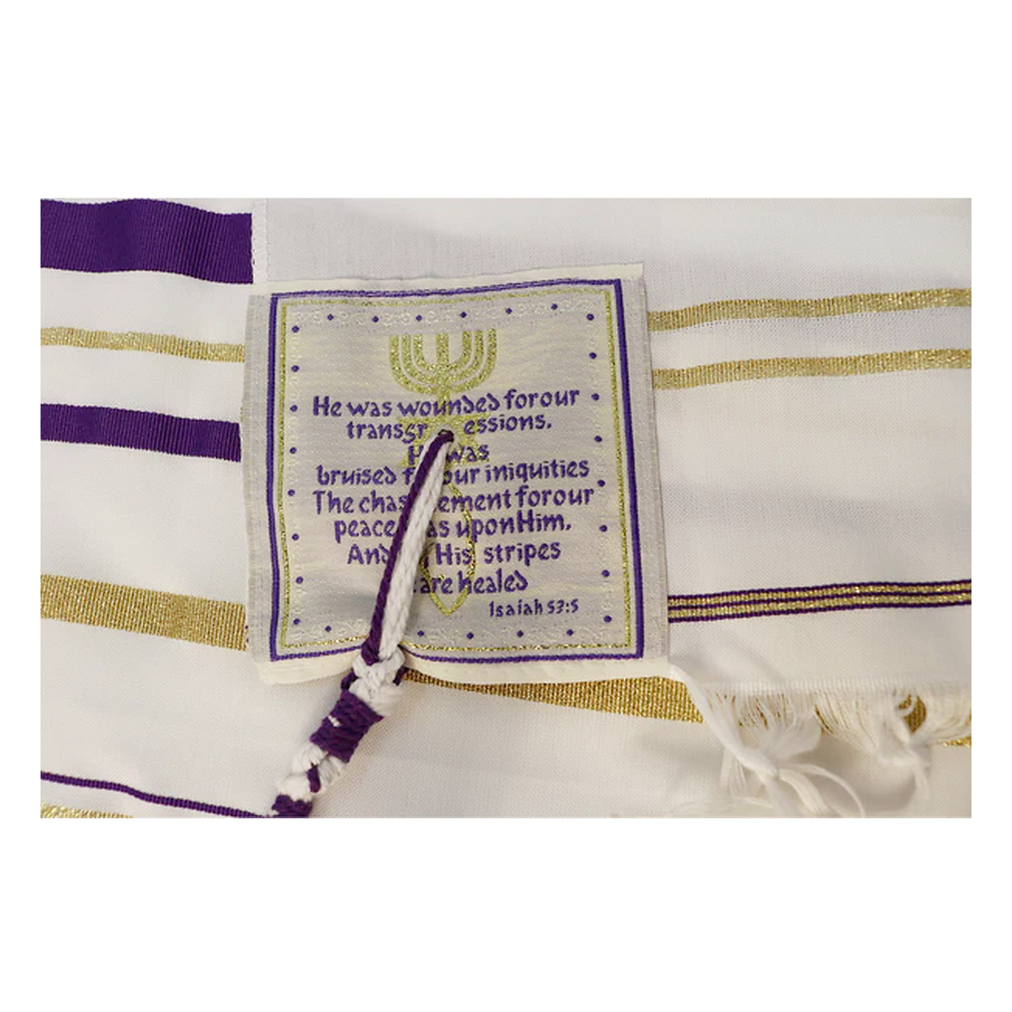 Purple and gold prayer shawl corner patch with Scripture
