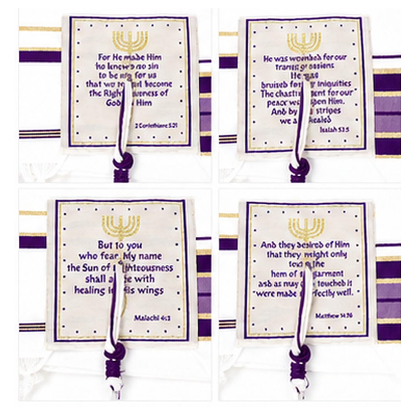 Purple and gold prayer shawl 4 corner patches with Scriptures