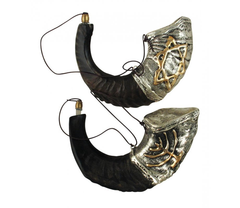 Anointing Oil Ram Shofar 11" - 13" - Silver Plated Menorah and Star of David Design