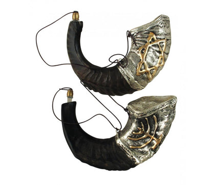 Anointing Oil Ram Shofar 11" - 13" - Silver Plated Menorah and Star of David Design