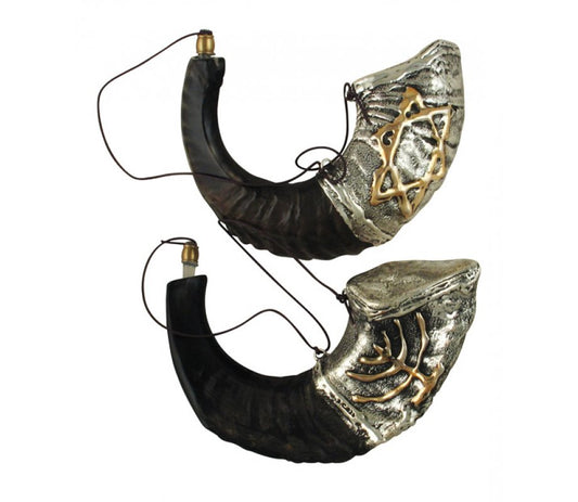 Anointing Oil Ram Shofar 11" - 13" - Silver Plated Menorah and Star of David Design