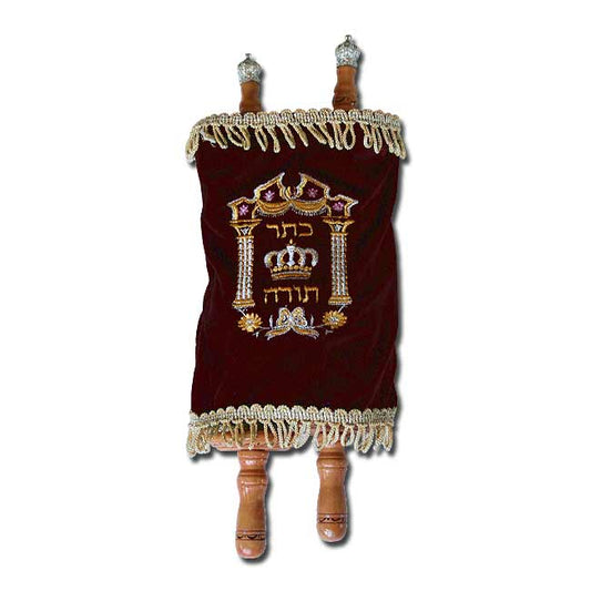Torah Scroll with a Burgundy Velvet Cover and Accessories (13")