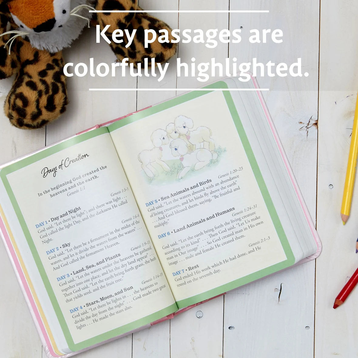 Interior pages of the NKJV Precious Moments Small Hands Bible highlighting key Bible passages