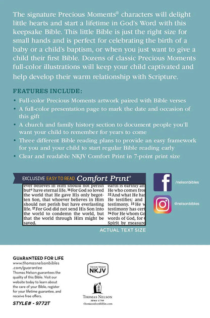 Back cover of the NKJV Precious Moments Small Hands Bible showing features and Comfort Print details