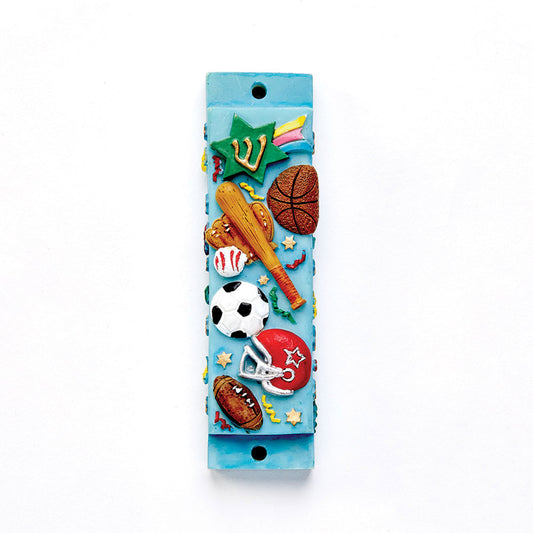 Sports Resin Mezuzah made from durable poly-resin showcasing alongside playful stars and confetti on a light blue background