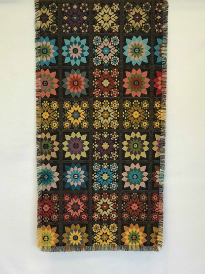 Large Black Floral Reversible Table Runner