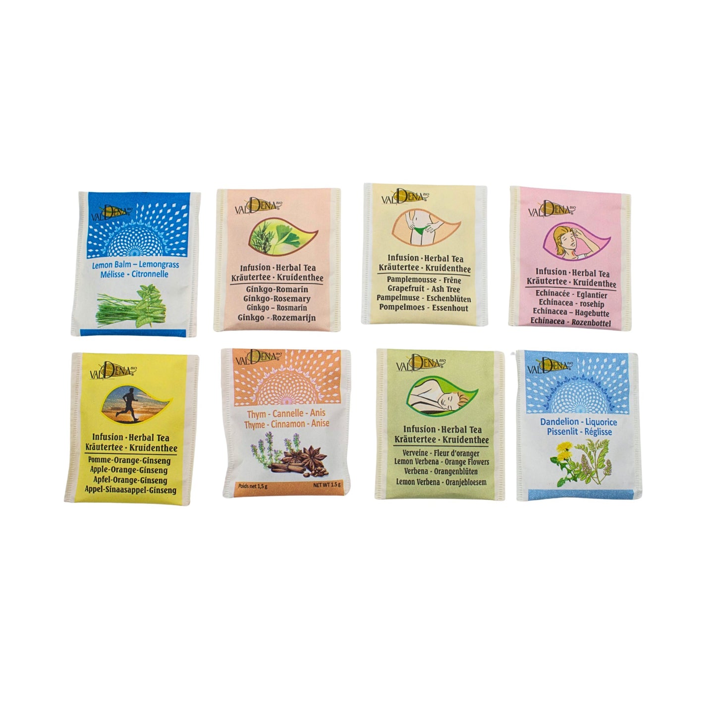 Organic Herbal Tea Valdena Sampler Gift Set Box - 8 assorted tea flavors, 64 total tea bags
