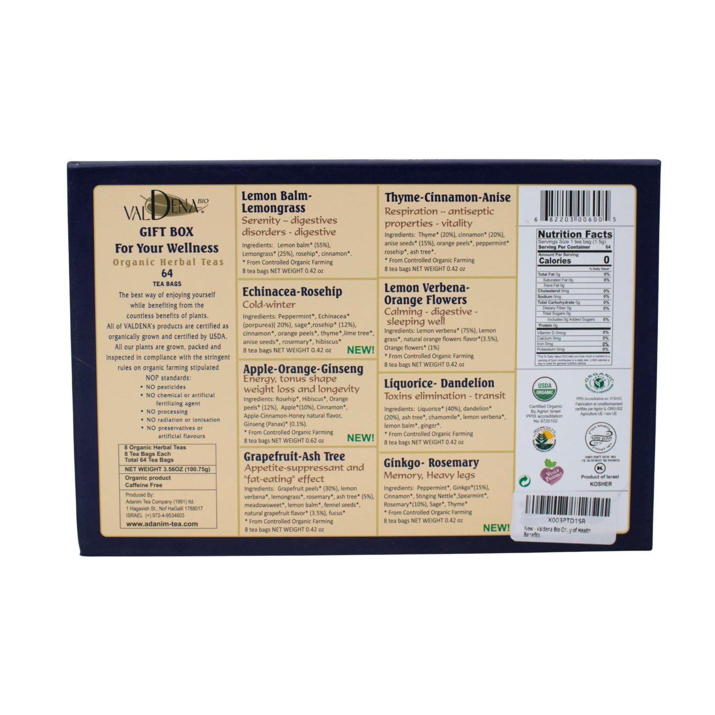 Organic Herbal Tea Valdena Sampler Gift Set Box - 8 assorted tea flavors, 64 total tea bags