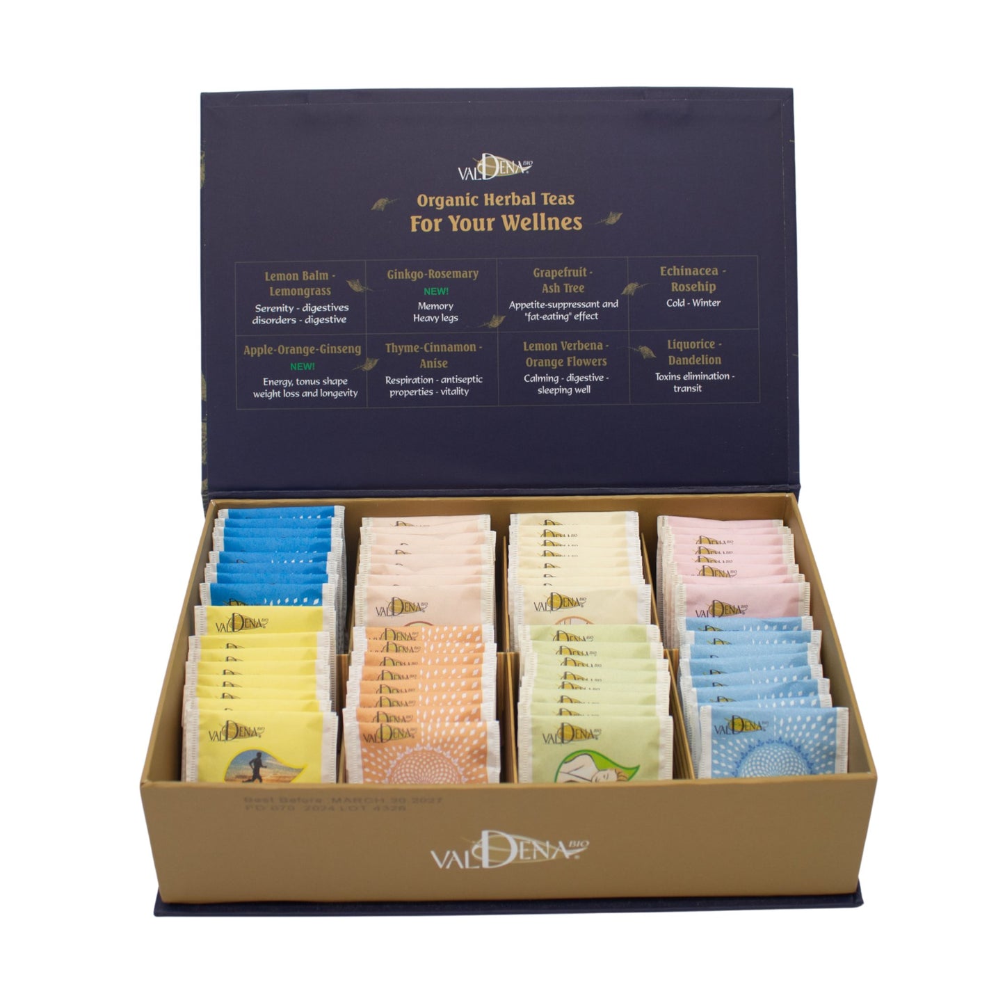 Organic Herbal Tea Valdena Sampler Gift Set Box - 8 assorted tea flavors, 64 total tea bags