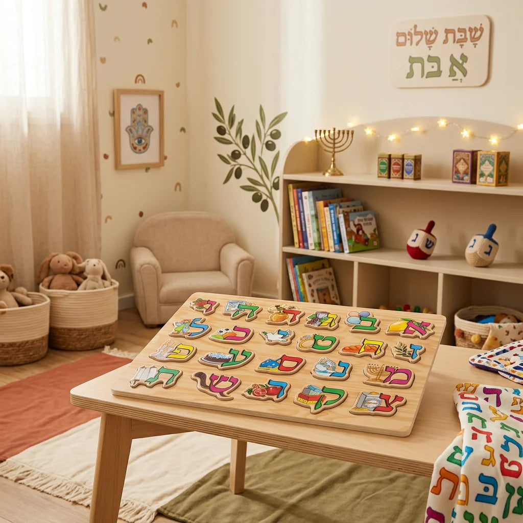 Aleph-Bet wooden puzzle displayed in children’s learning room