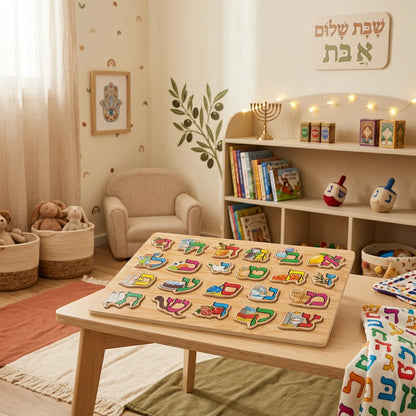 Aleph-Bet wooden puzzle displayed in children’s learning room
