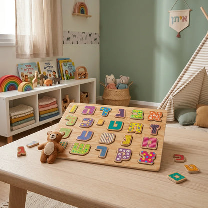 Aleph-Bet wooden puzzle displayed in children’s learning room