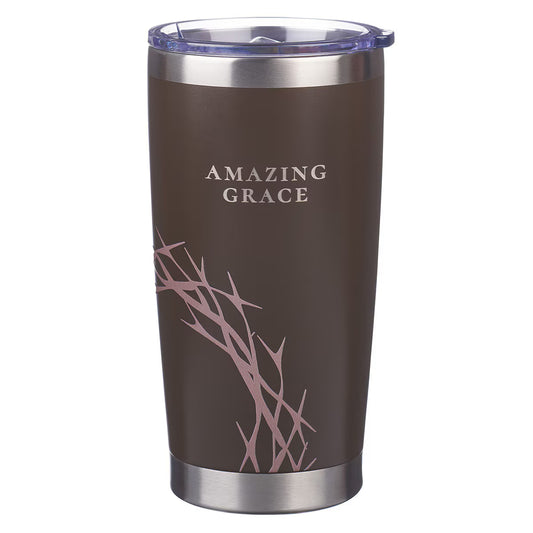 Brown tumbler with 'Amazing Grace' text and branch design 