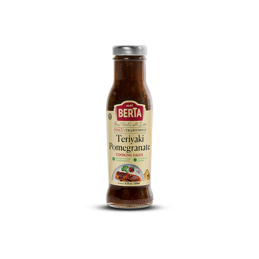 Bottle of Aunt Berta Teriyaki Pomegranate cooking sauce 