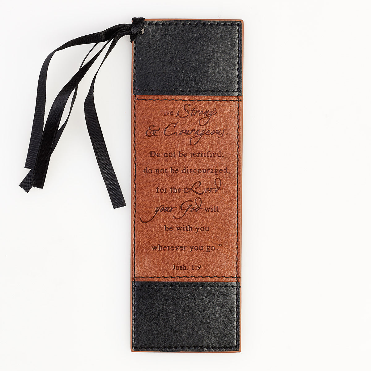 Strong & Courageous Black and Tan Faux Leather Bookmark - Joshua 1:9