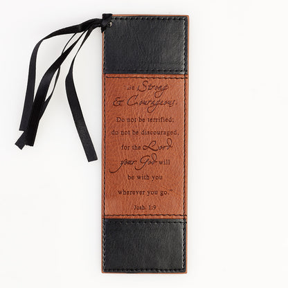 Strong & Courageous Black and Tan Faux Leather Bookmark - Joshua 1:9