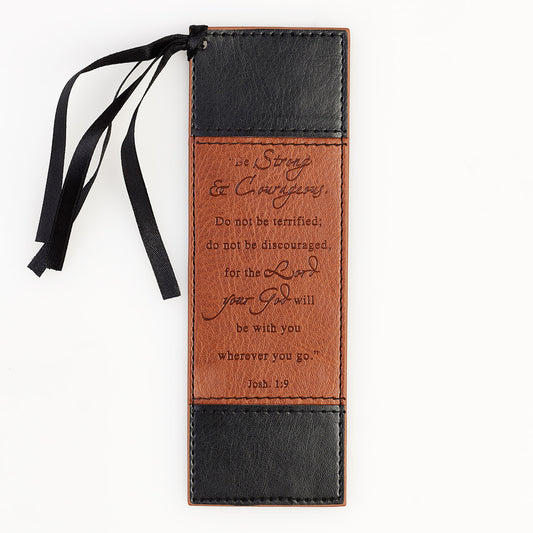 Strong & Courageous Black and Tan Faux Leather Bookmark - Joshua 1:9