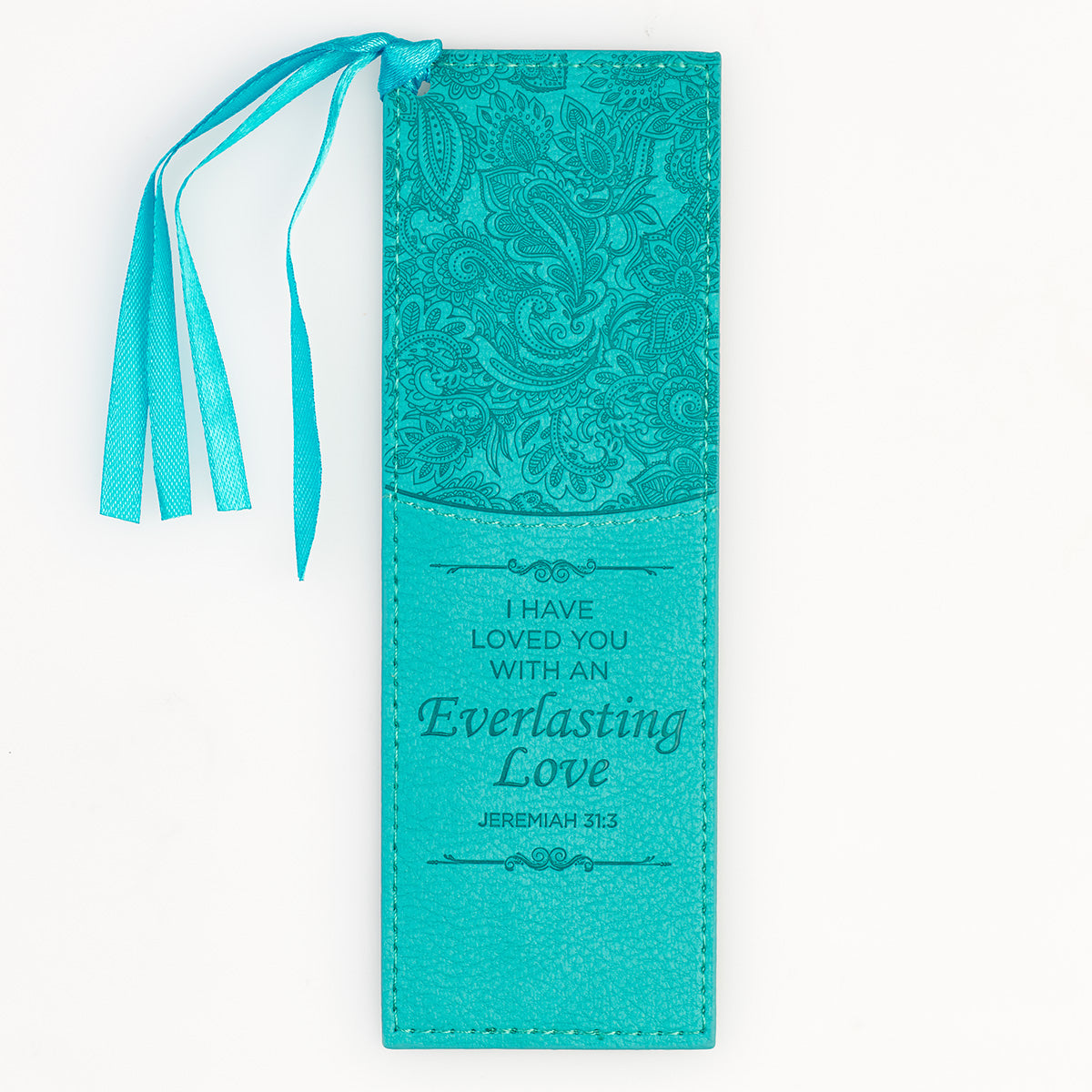 Everlasting Love Teal Faux Leather Bookmark - Jeremiah 31:3