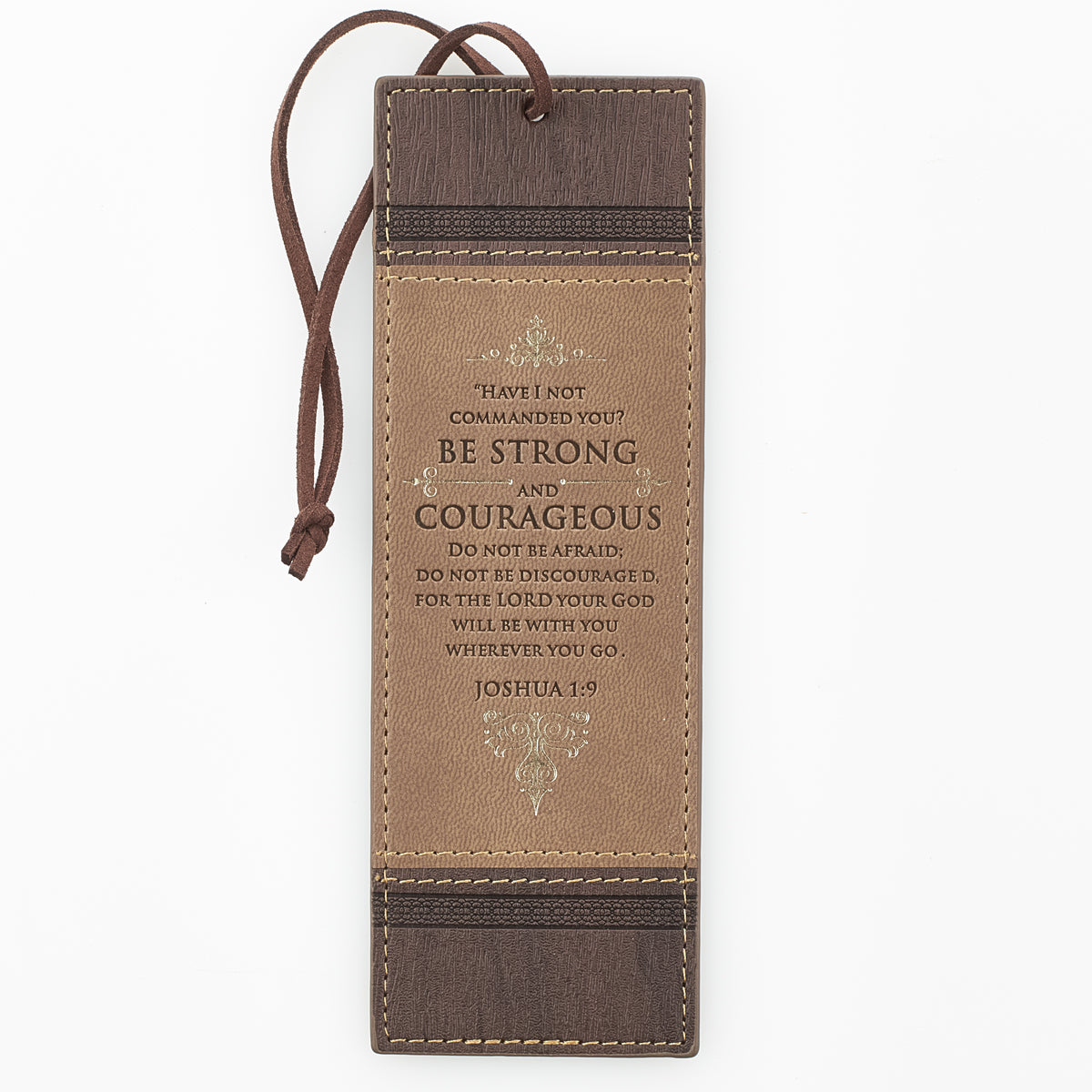 Be Strong and Courageous Walnut-Brown and Tan Faux Leather Bookmark - Joshua 1:9