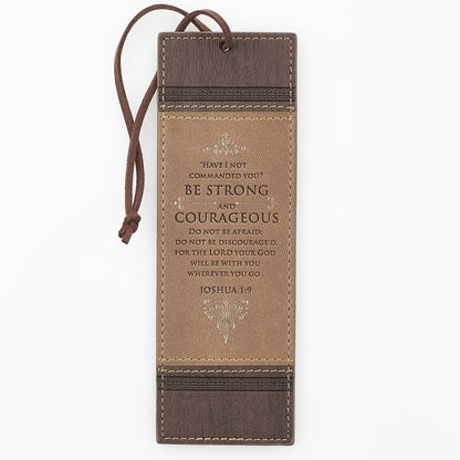 Be Strong and Courageous Walnut-Brown and Tan Faux Leather Bookmark - Joshua 1:9