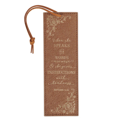 When She Speaks Faux Leather Bookmark - Proverbs 31:26