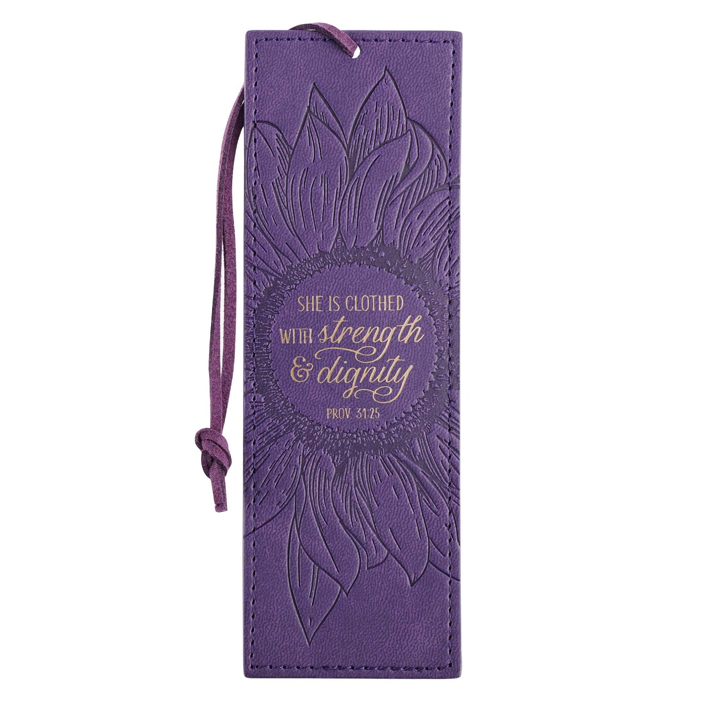 Strength and Dignity Purple Sunflower Faux Leather Bookmark - Proverbs 31:25
