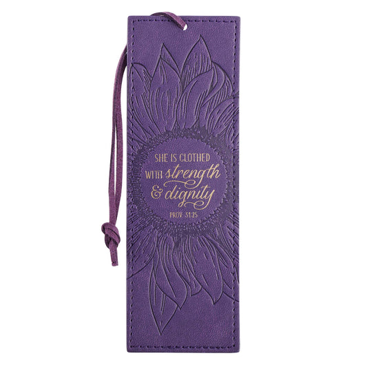 Strength and Dignity Purple Sunflower Faux Leather Bookmark - Proverbs 31:25