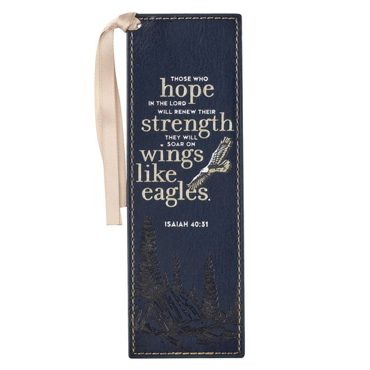 On Eagle's Wings Navy Blue Faux Leather Bookmark - Isaiah 40:31
