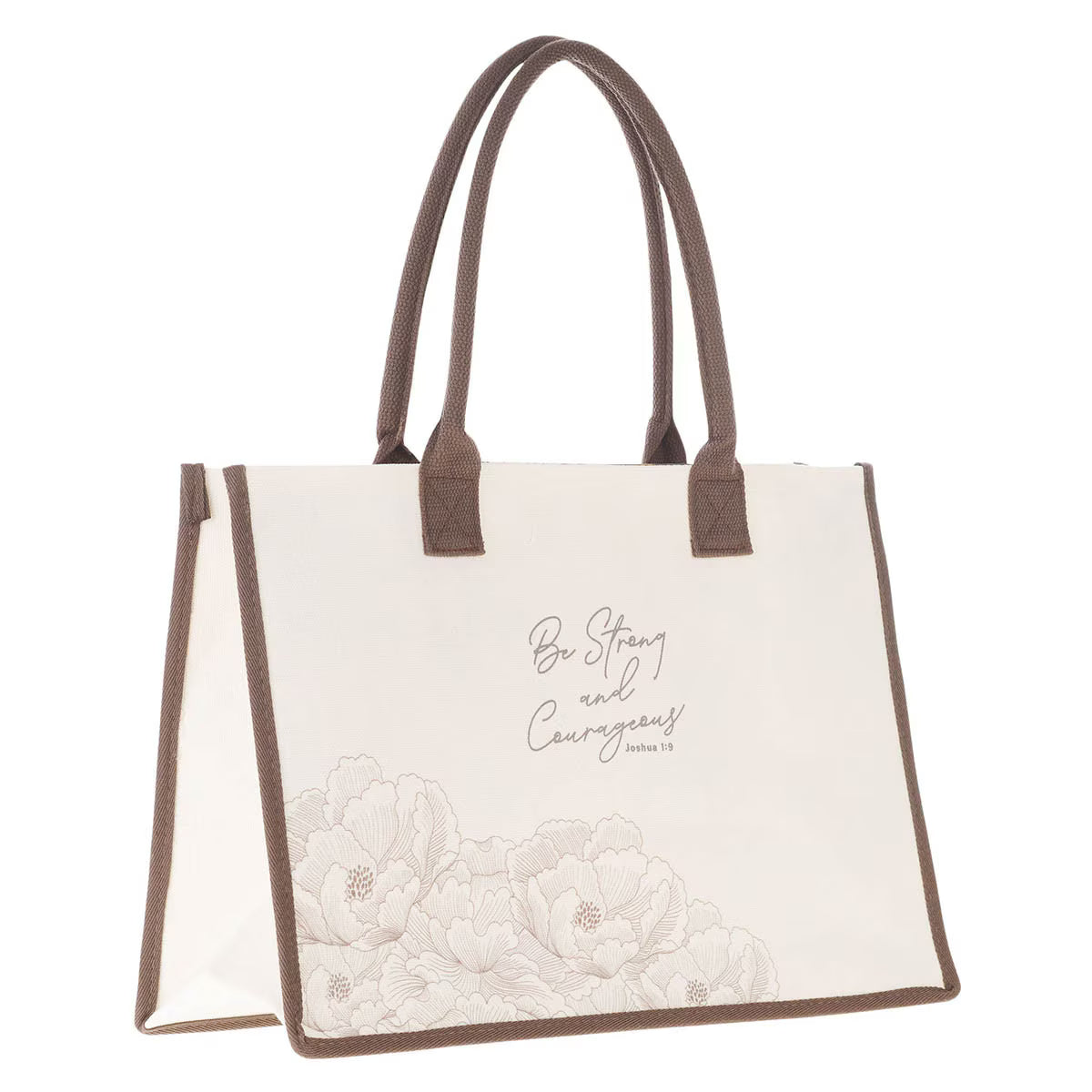 Cream colored tote bag with scripture and floral design in brown, shown at an angle