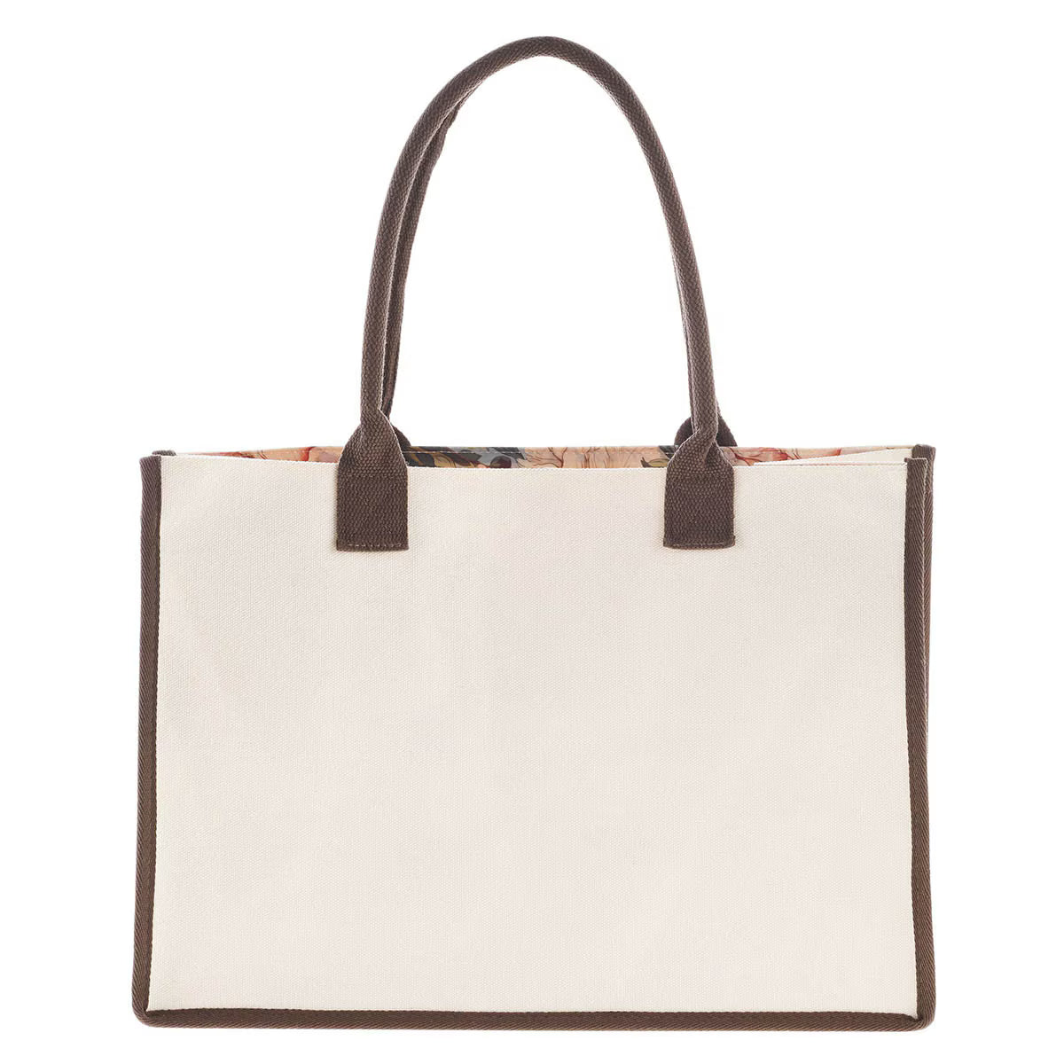 Cream colored canvas tote bag with brown detail