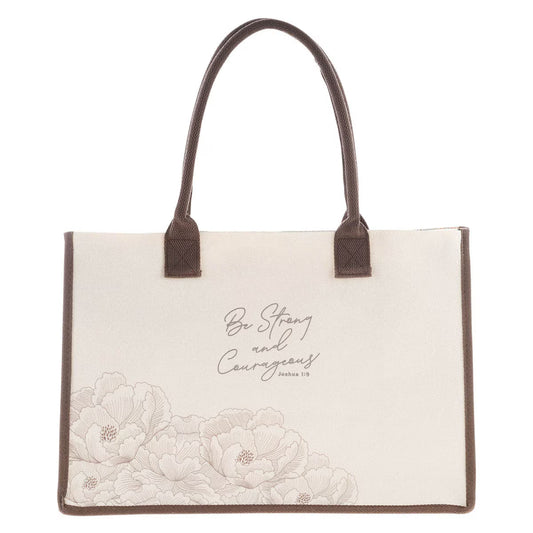 Cream colored tote bag with scripture and floral design in brown