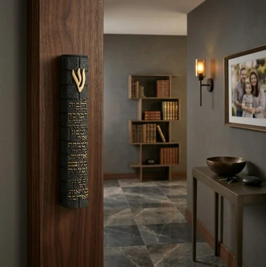 Black Faux Stone Mezuzah with Home Blessing in Hebrew
