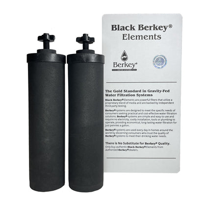 Two black water filters with a Black Berkey Elements packaging 