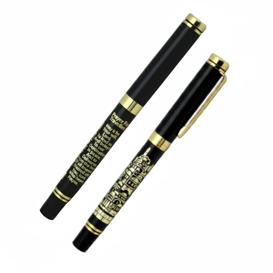 Black and Gold Pen with Travelers Prayer and Jerusalem Design - English