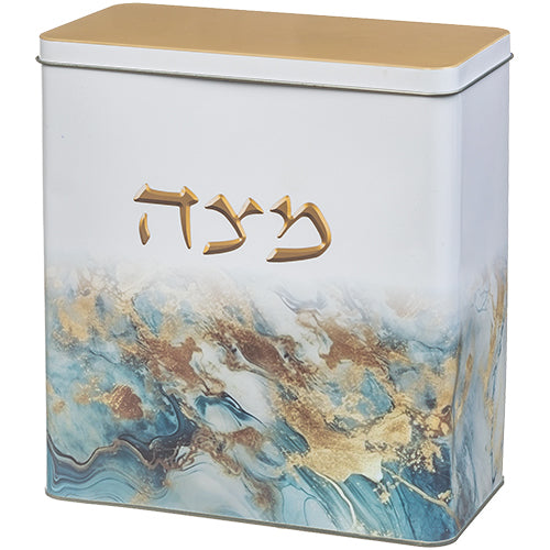 Blue marble tin matzah box for Passover with gold Hebrew lettering
