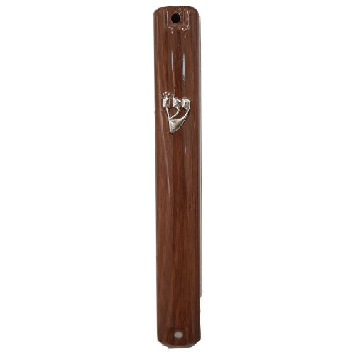 Brown Plastic Mezuzah with Silver Shin
