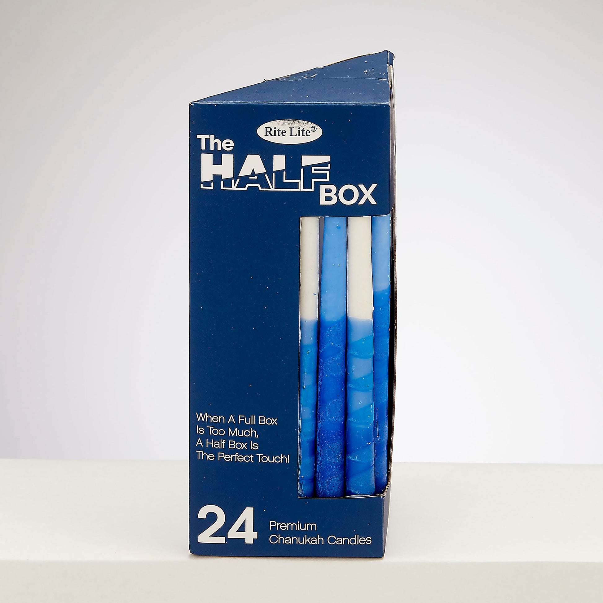 Box of 24, Chanukah Hanukkah candles, tri color, decorated blue and white